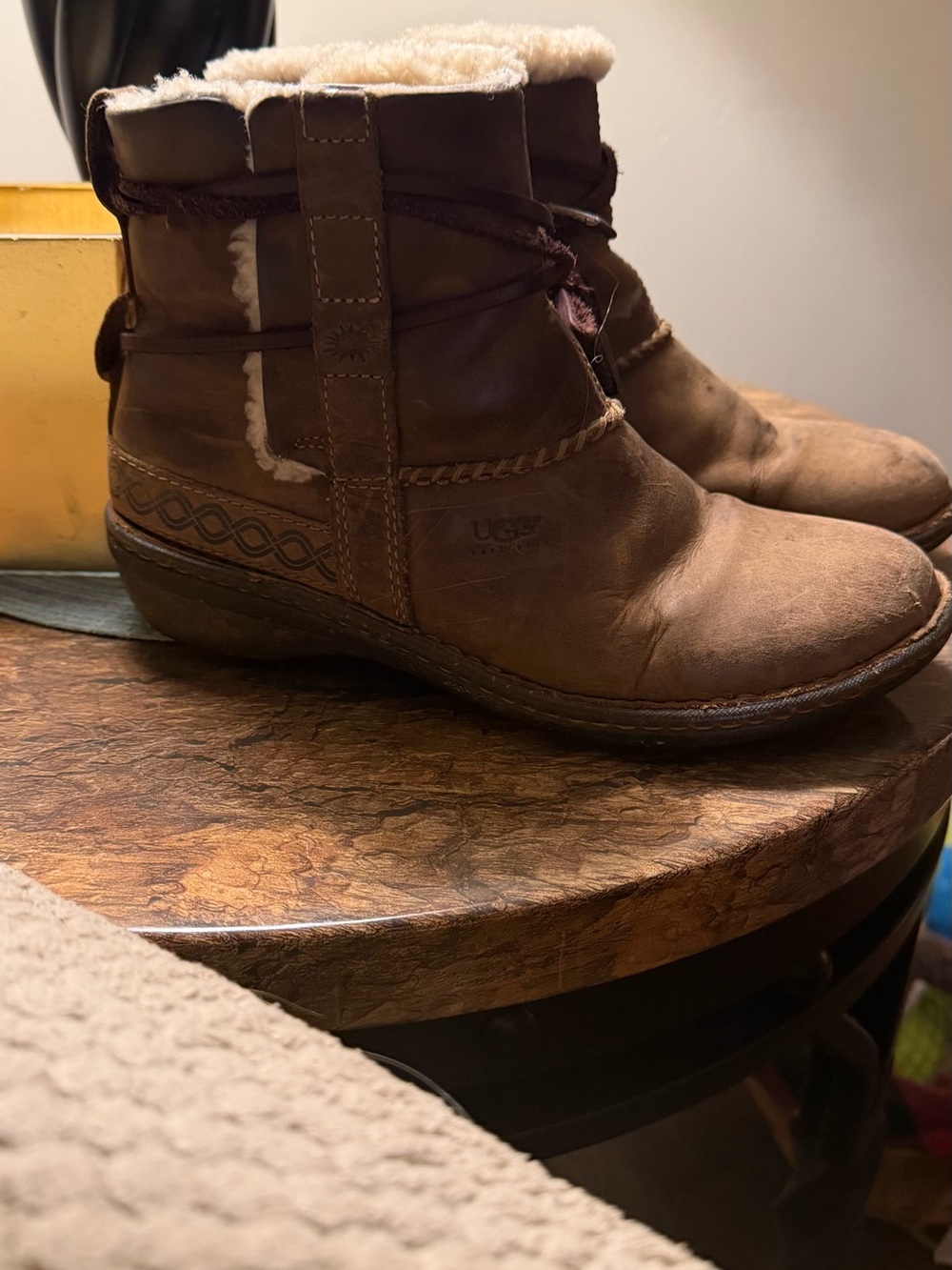 UGG Brown Suede Shearling Cuff Ankle Booties